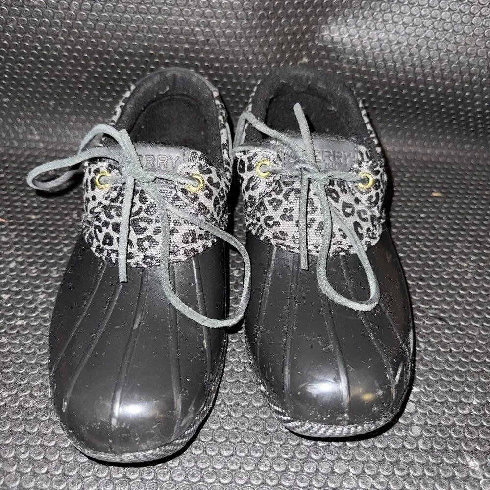 Sperry Saltwater 1-Eye Cozy Rain Duck Boot Black Cheetah Print Shoe Women Size 8
